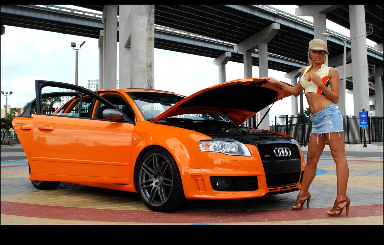 Photo wallpaper girl, Audi, overpass, orange car