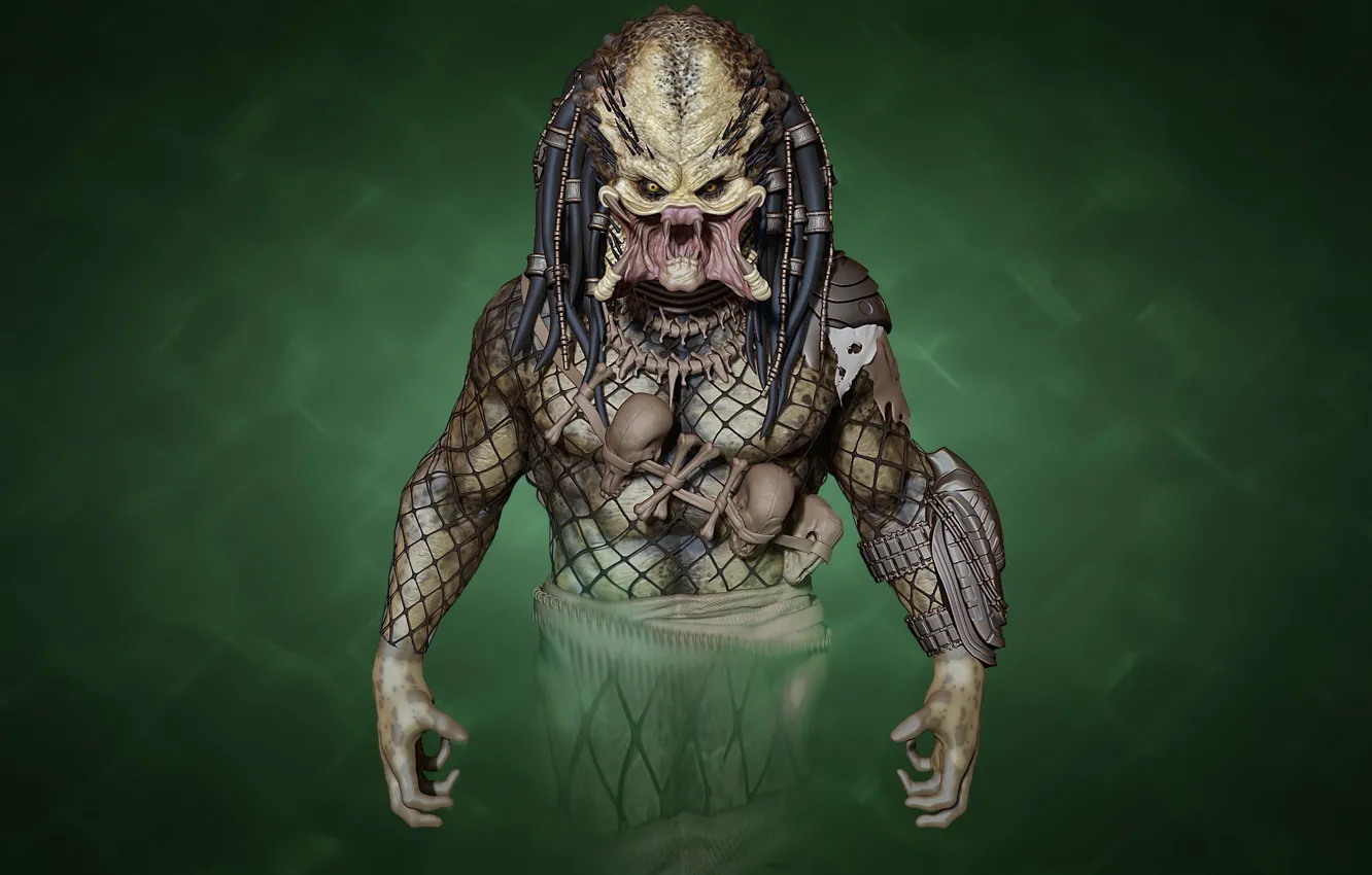 Photo wallpaper rendering, monster, predator, alien, green background, predator