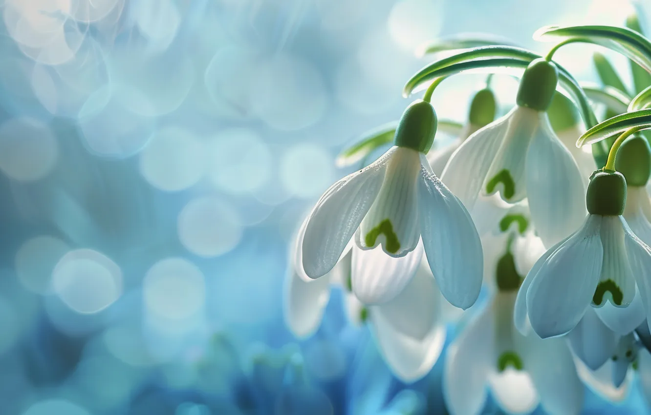 Photo wallpaper light, flowers, glare, bouquet, spring, snowdrops, banner, white