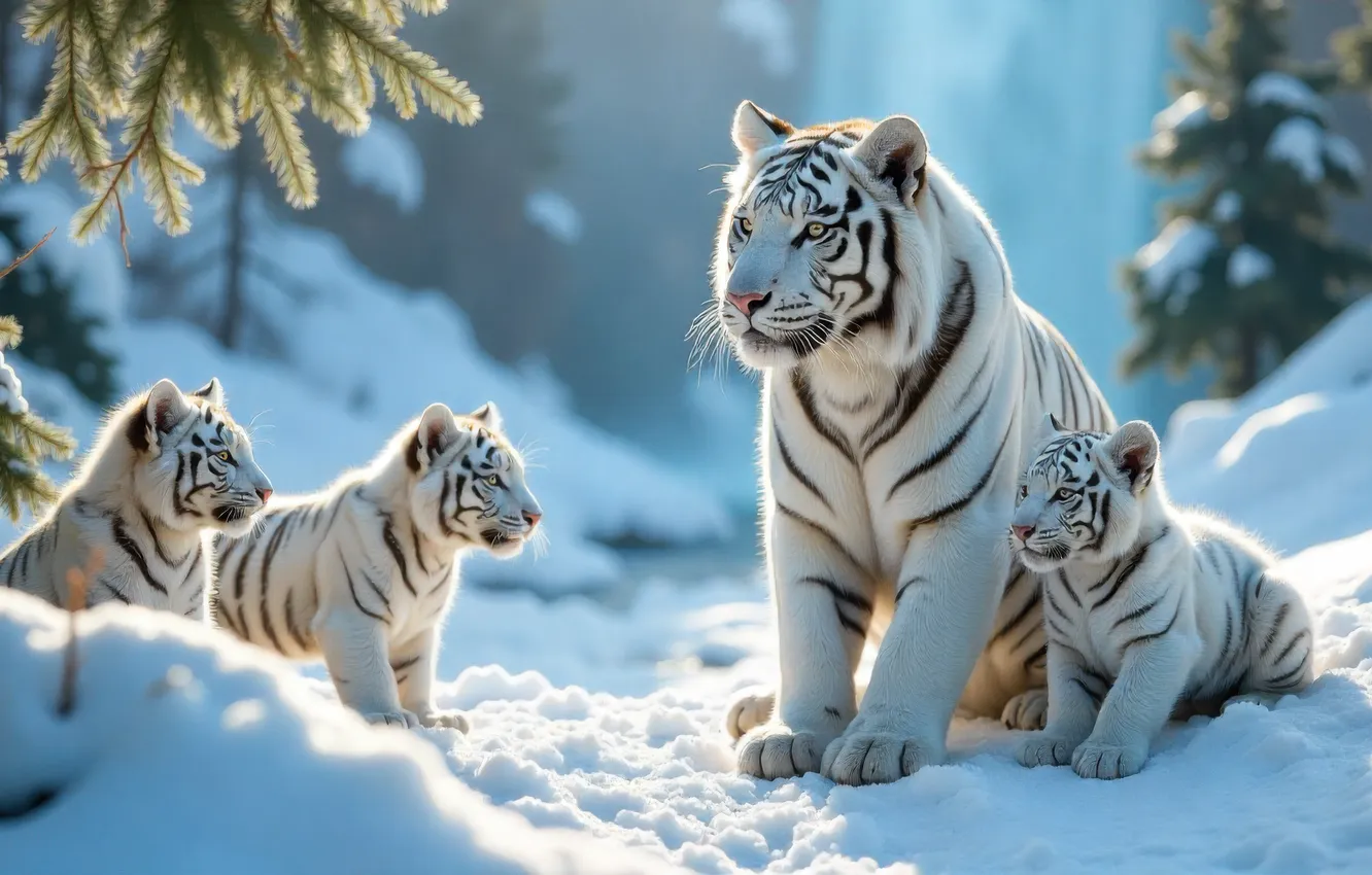 Photo wallpaper winter, snow, nature, shore, waterfall, the snow, mom, tigress