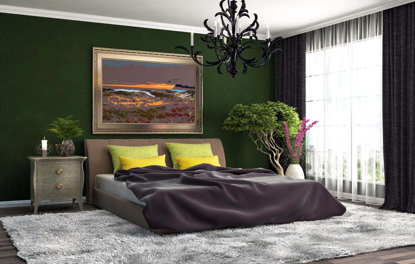Photo wallpaper flowers, carpet, bed, pillow, window, wardrobe, design, interior