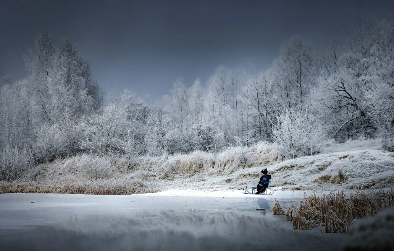 Photo wallpaper winter, lake, boy, sled