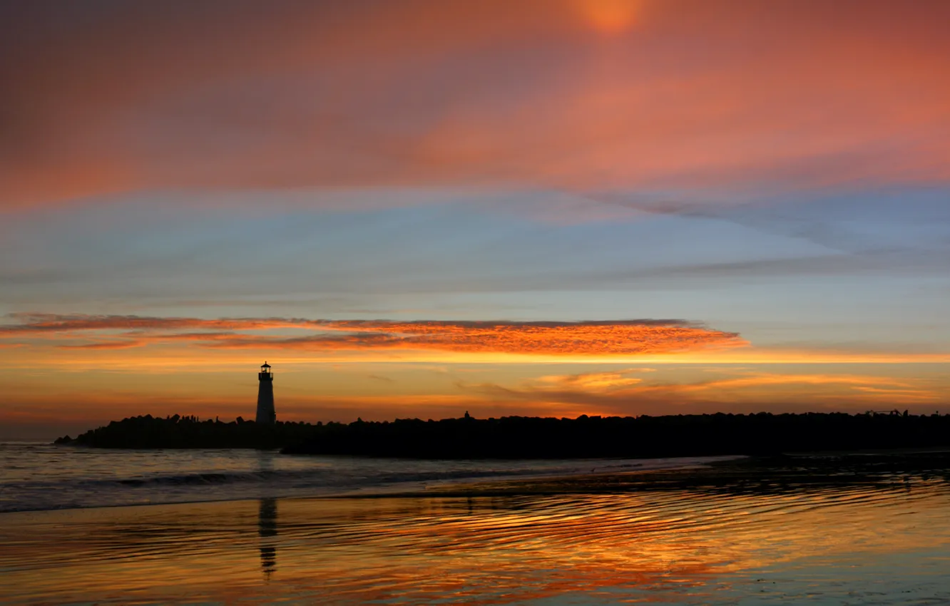 Photo wallpaper sunset, reflection, lighthouse