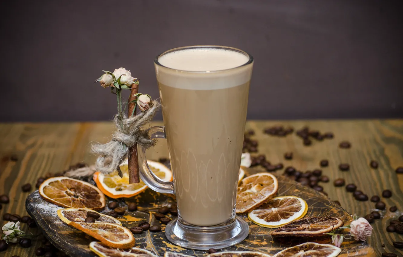 Photo wallpaper coffee, citrus, drink, coffee beans