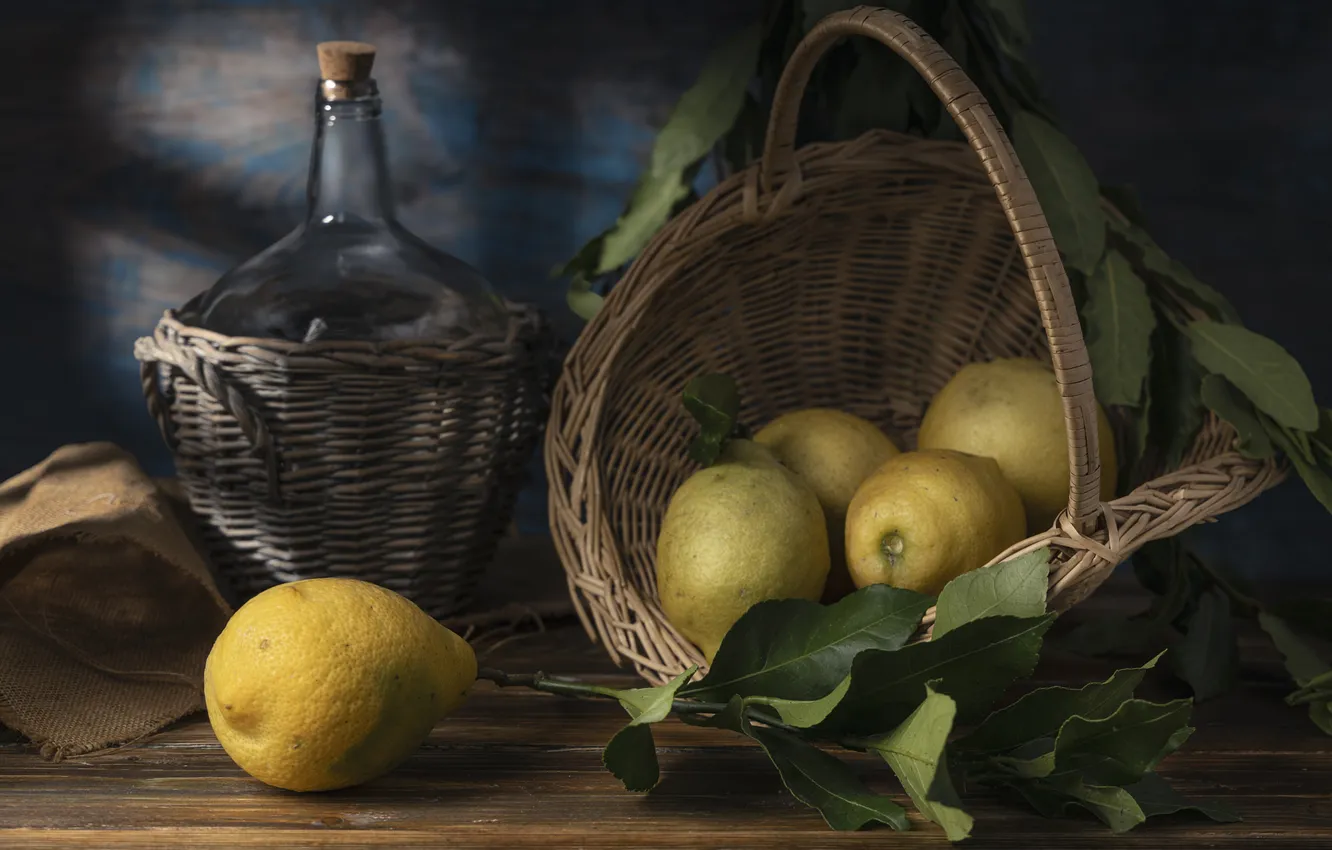 Photo wallpaper lemon, still life, basket, bottle