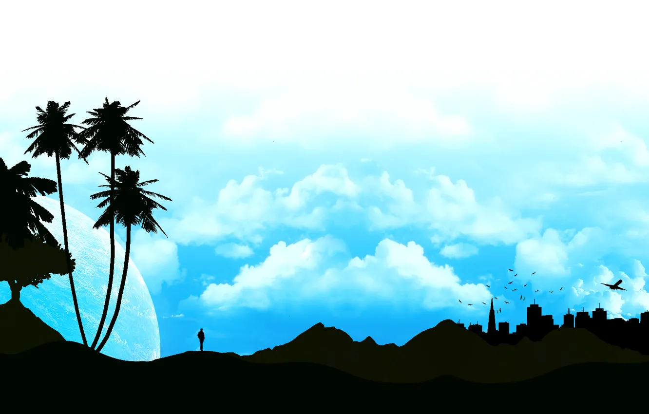 Photo wallpaper the sky, clouds, landscape, the city, palm trees, people, silhouette, profile