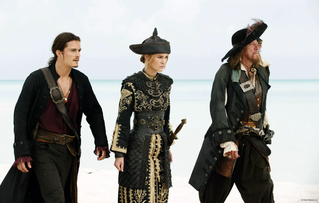 Photo wallpaper Keira Knightley, Orlando Bloom, Geoffrey Rush, Pirates of the Caribbean On tailoring light, negotiations