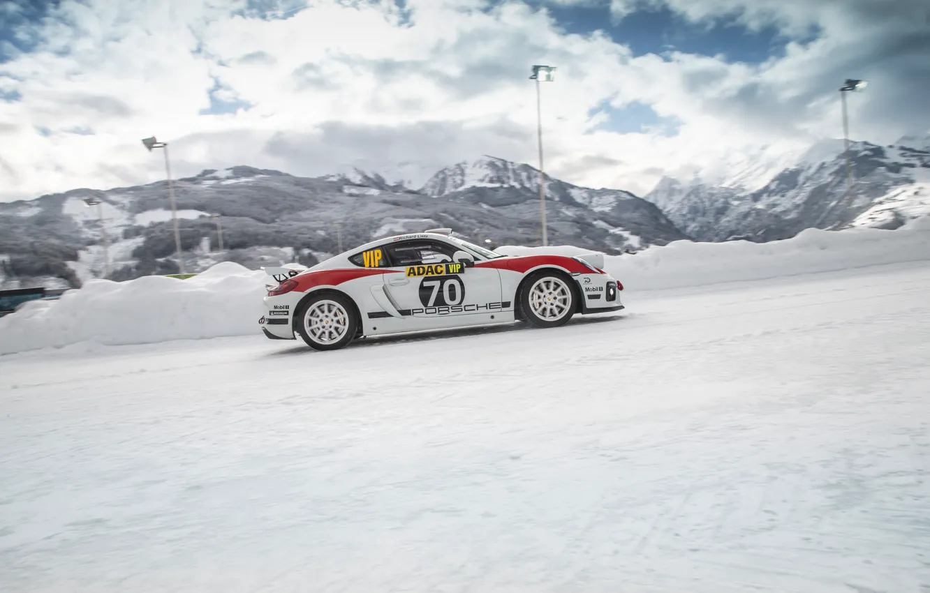 Photo wallpaper machine, snow, mountains, sports car, rally, Porsche Cayman GT4 rally