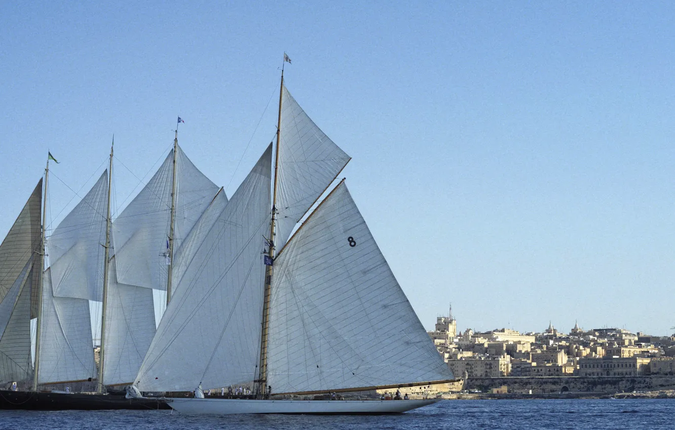 Photo wallpaper sea, water, shore, buildings, sails, bank, sail, sailboat