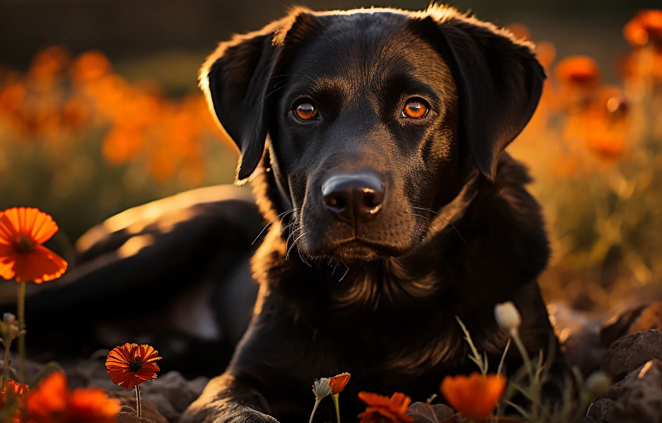 Photo wallpaper look, face, black, dog, Labrador, front, digital art, AI art