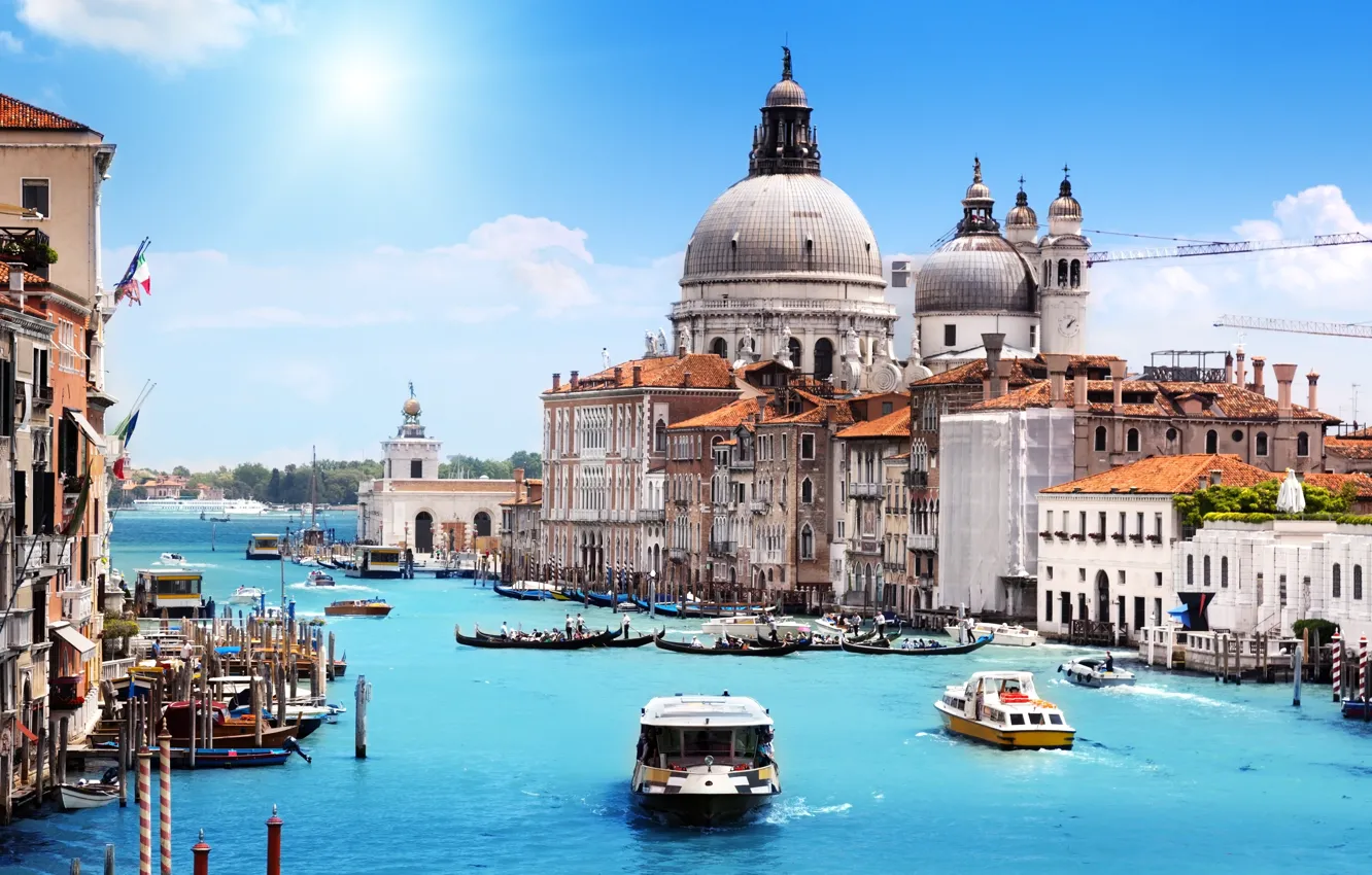 Photo wallpaper sea, the sky, the sun, clouds, the city, boats, Italy, Venice