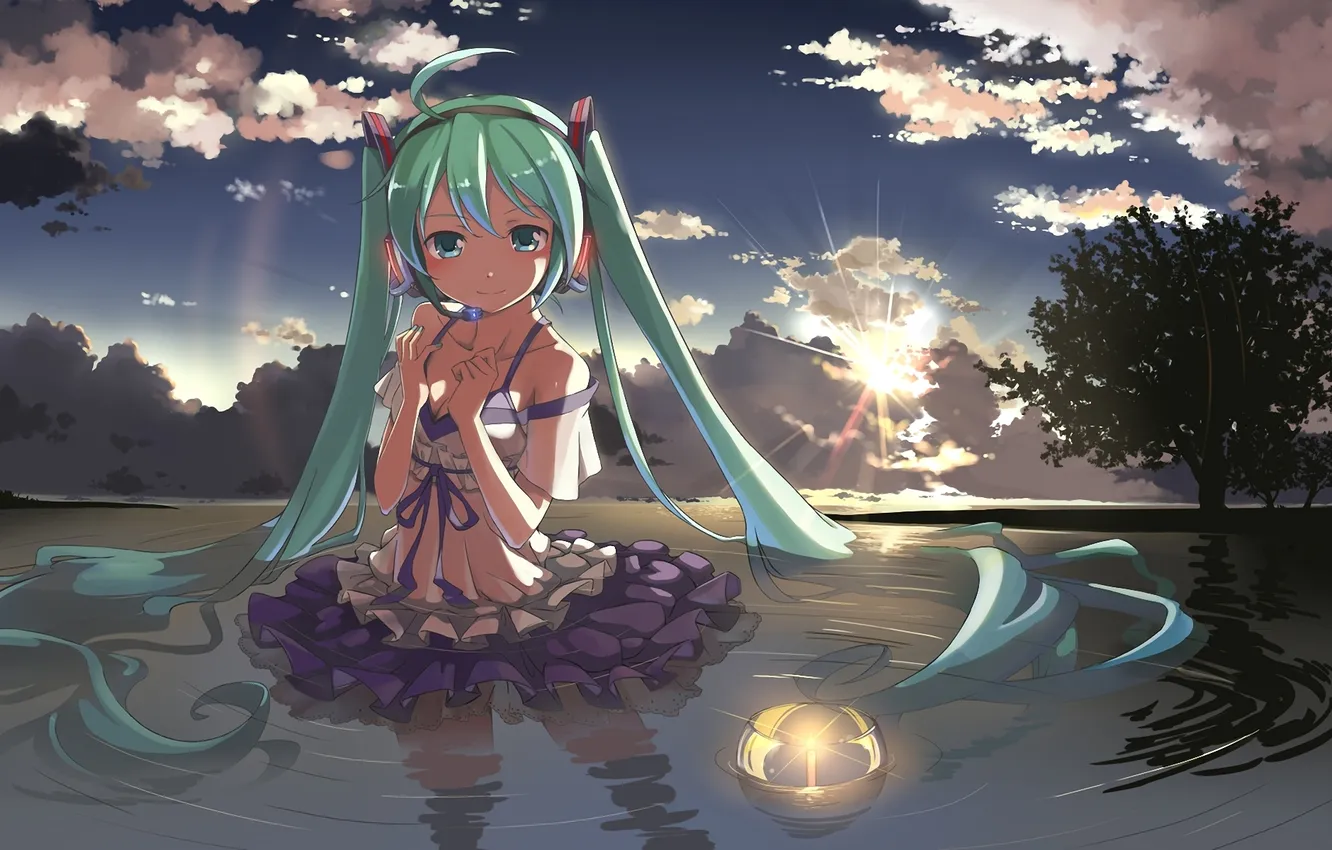 Photo wallpaper water, girl, sunset, lake, tree, candle, headphones, vocaloid