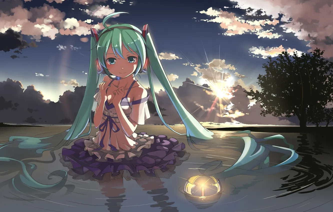 Photo wallpaper water, girl, trees, sunset, lake, candles, headphones, vocaloid