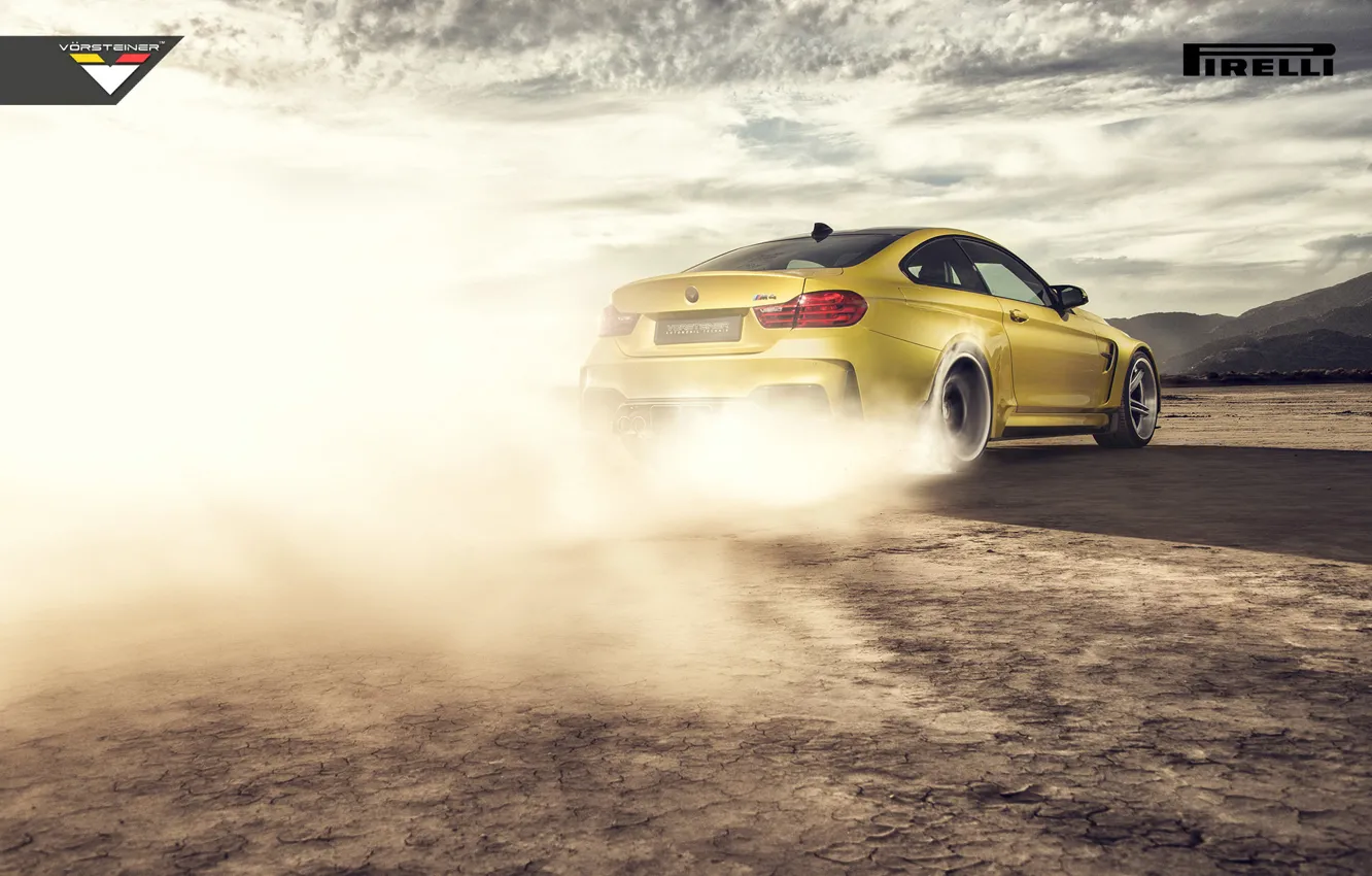 Photo wallpaper BMW, Car, Vorsteiner, Yellow, Smoke, Pirelli, Wheels, Desert