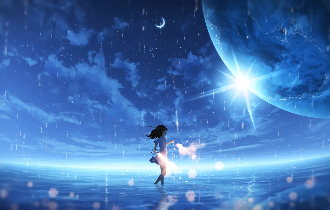Photo wallpaper the sky, water, rain, planet, fantasy, girl, sparklers