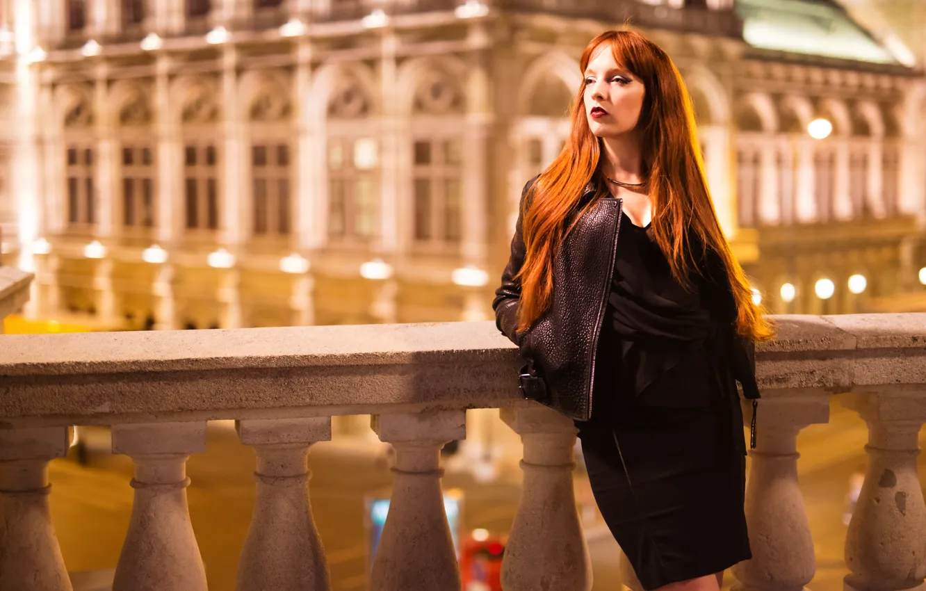 Photo wallpaper girl, face, style, background, hair, skirt, jacket, red