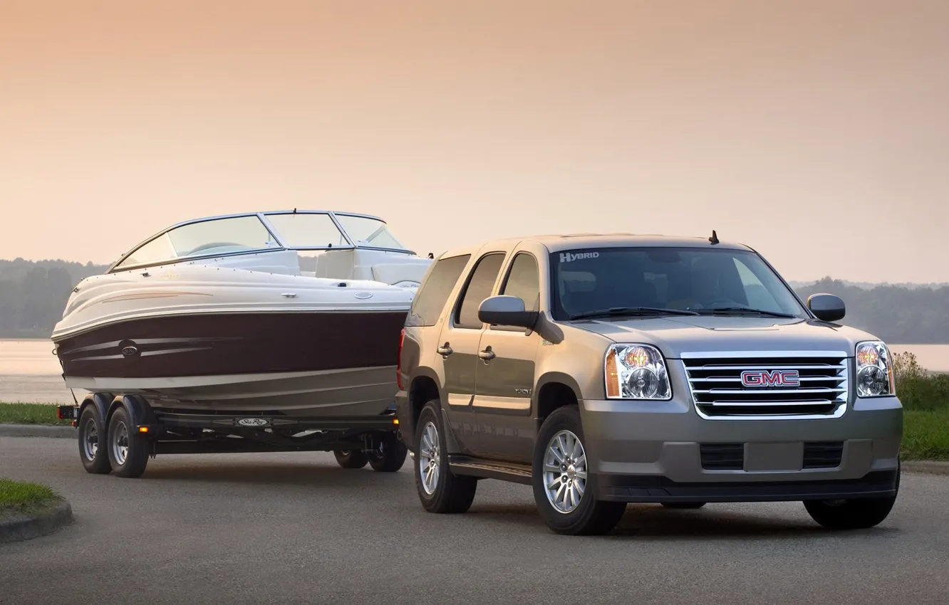 Photo wallpaper boat, the trailer, GMC, Yukon
