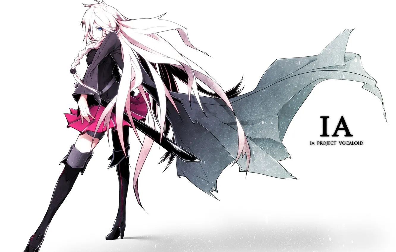 Photo wallpaper cloak, boots, white background, katana, long hair, heels, vocaloid, braids