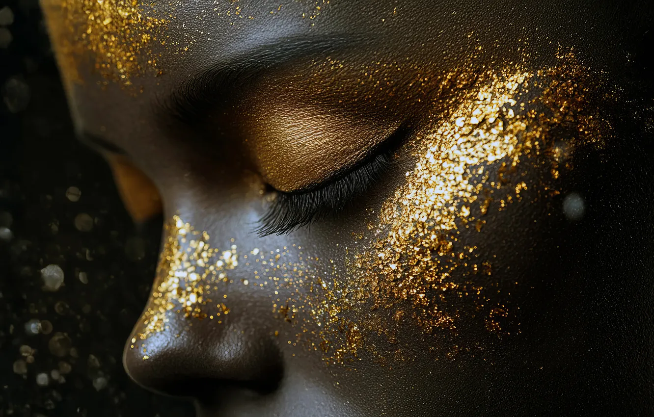 Photo wallpaper girl, close-up, face, pose, eyelashes, lights, gold, Shine