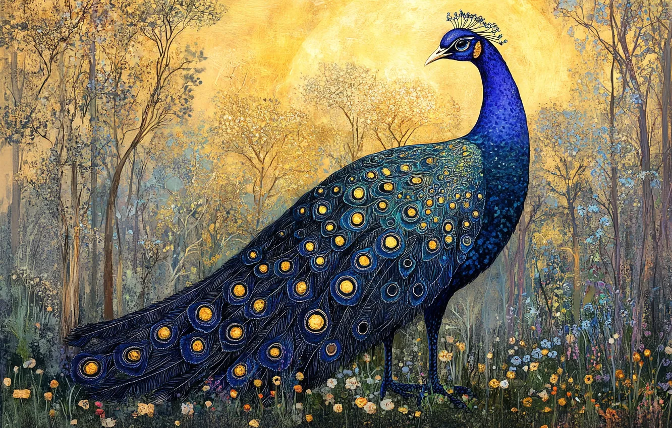 Photo wallpaper the sun, trees, nature, bird, glade, tail, peacock, imitation painting