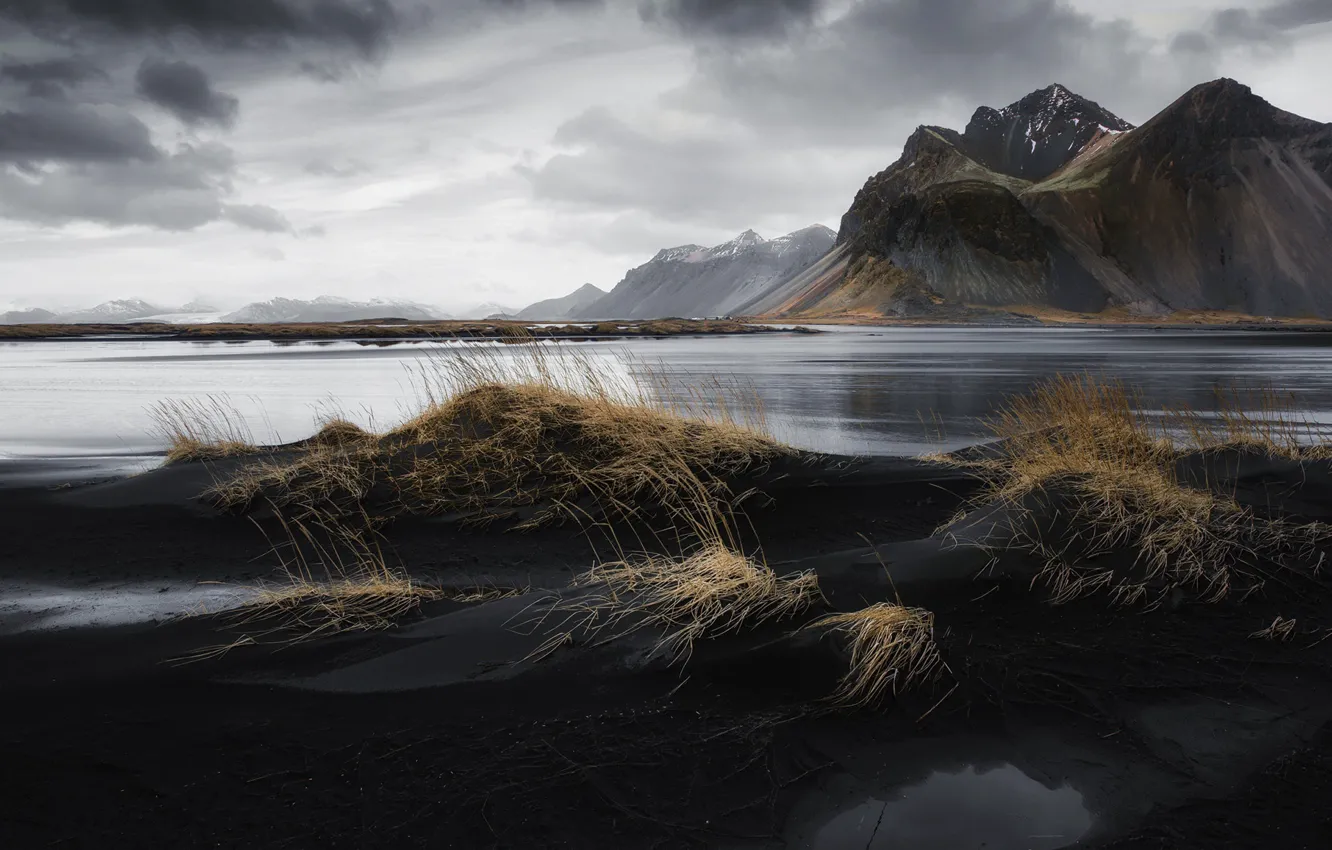 Photo wallpaper beach, the sky, mountains, clouds, Iceland, gray day