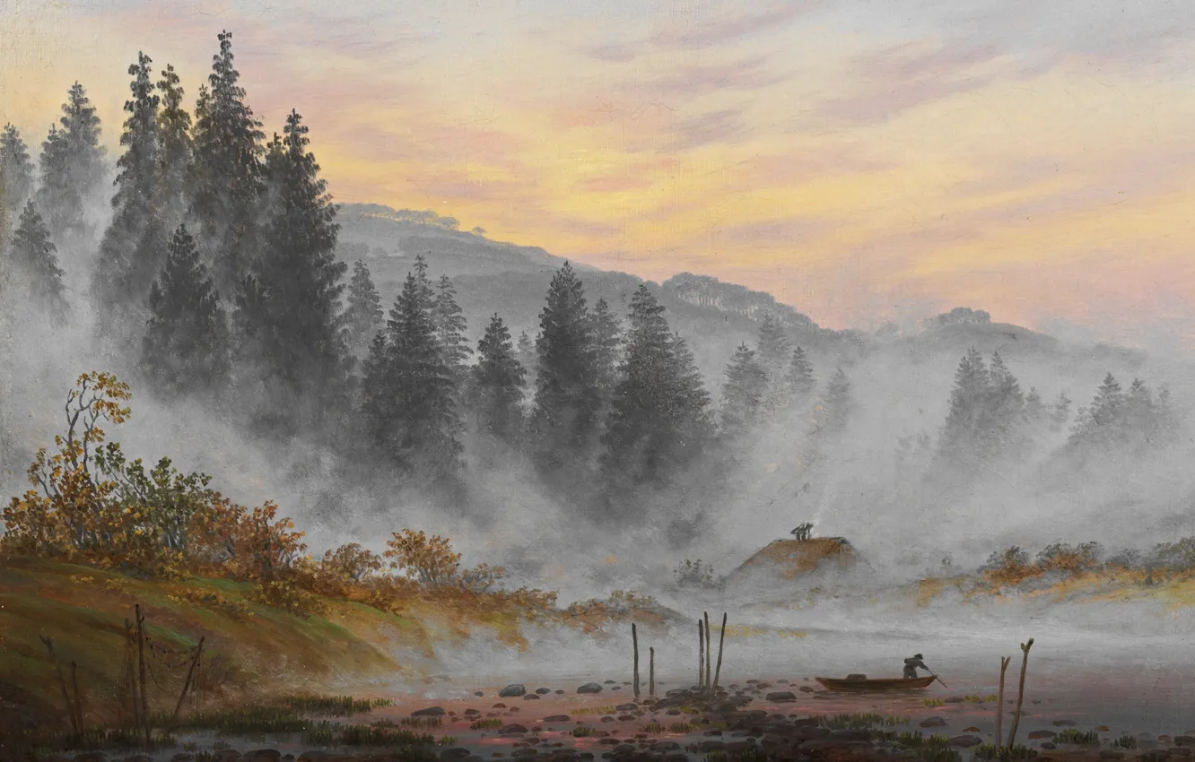 Photo wallpaper trees, landscape, fog, house, boat, picture, Morning, Caspar David Friedrich