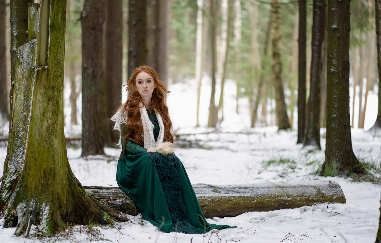 Photo wallpaper forest, girl, snow, trees, dress, sitting, redhead, Kirill Sokolov