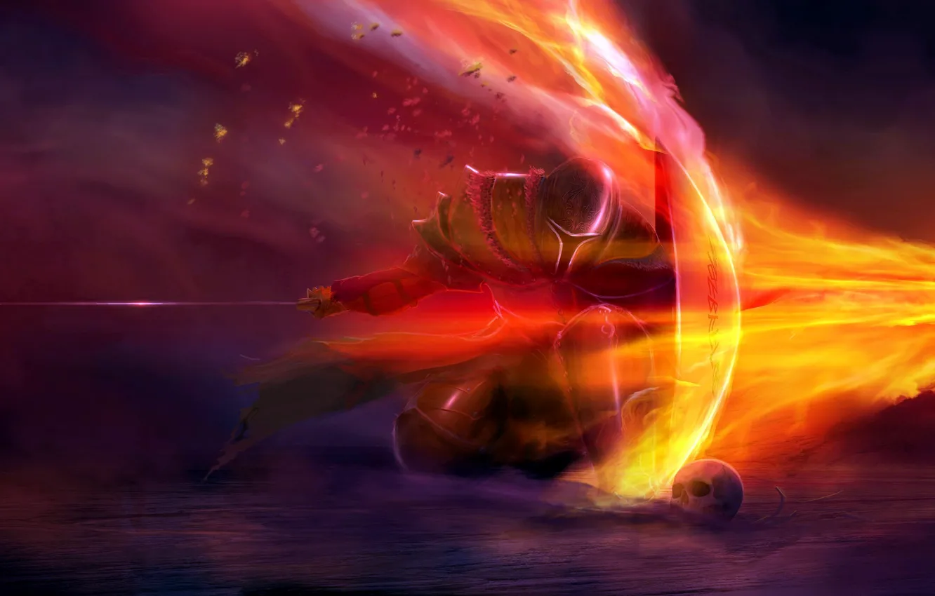 Photo wallpaper fire, sake, sword, fantasy, soldier, armor, weapon, artwork