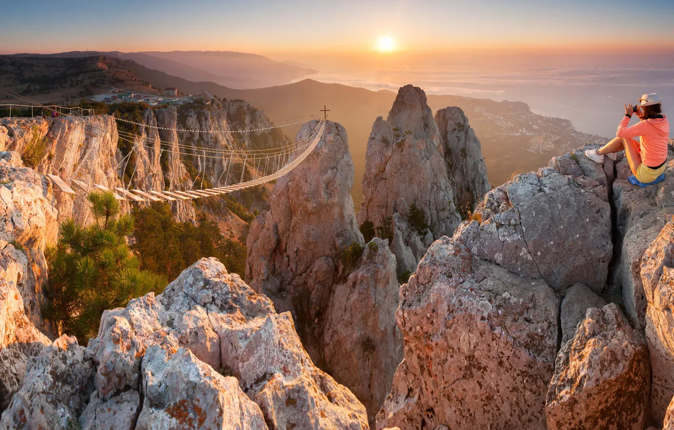 Photo wallpaper sea, girl, the sun, landscape, mountains, bridge, nature, rocks