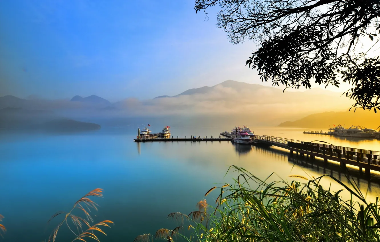 Photo wallpaper mountains, fog, lake, boats, pier, reed, haze