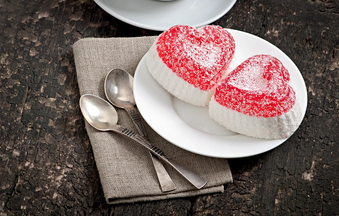 Photo wallpaper red, the dark background, holiday, heart, Board, plate, spoon, hearts