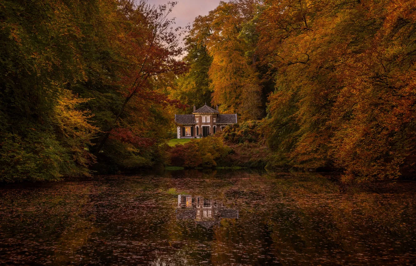 Photo wallpaper autumn, forest, nature, lake, house