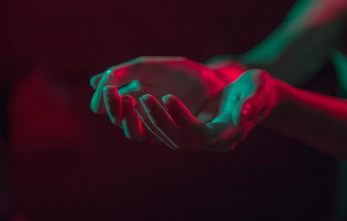 Photo wallpaper light, dark, hands, palm, glow, outstretched arms, a handful