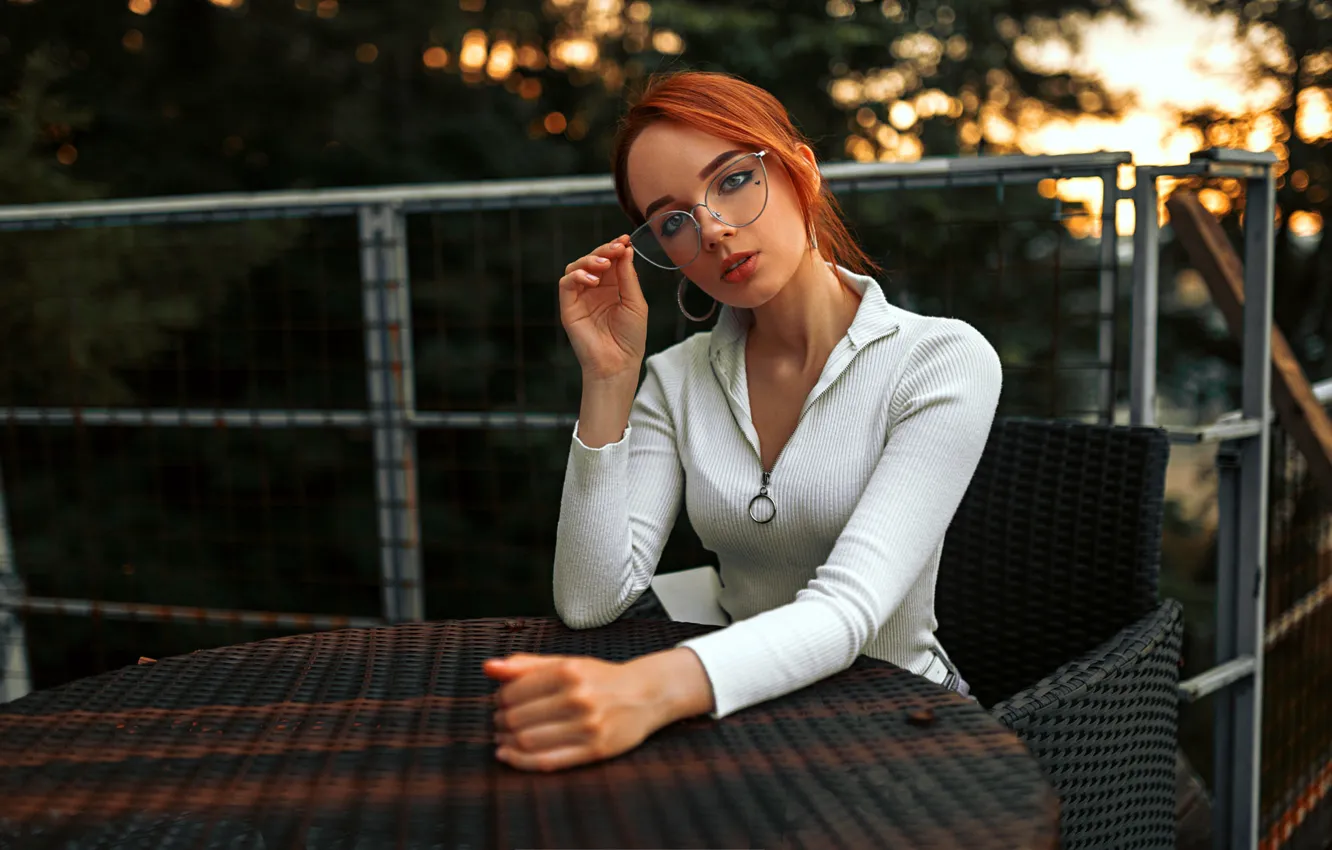 Photo wallpaper look, pose, model, portrait, makeup, glasses, hairstyle, blouse