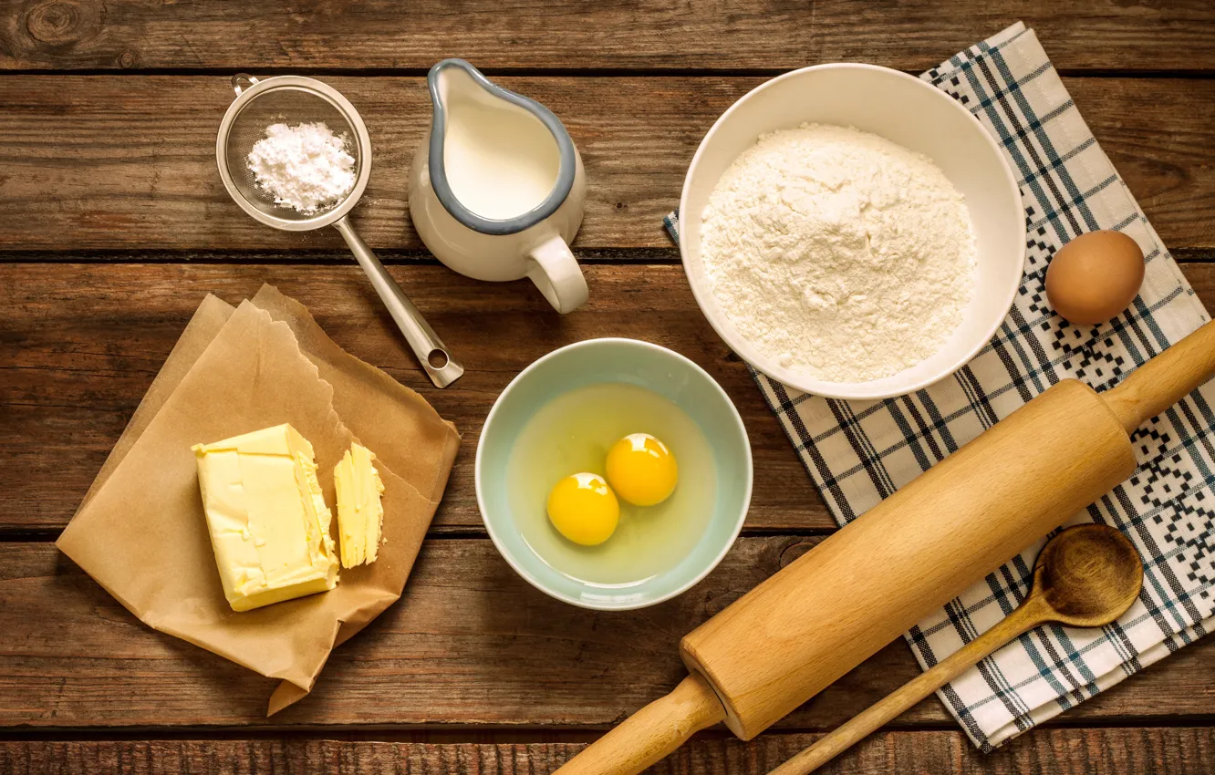 Photo wallpaper oil, eggs, milk, flour, rolling pin, strainer
