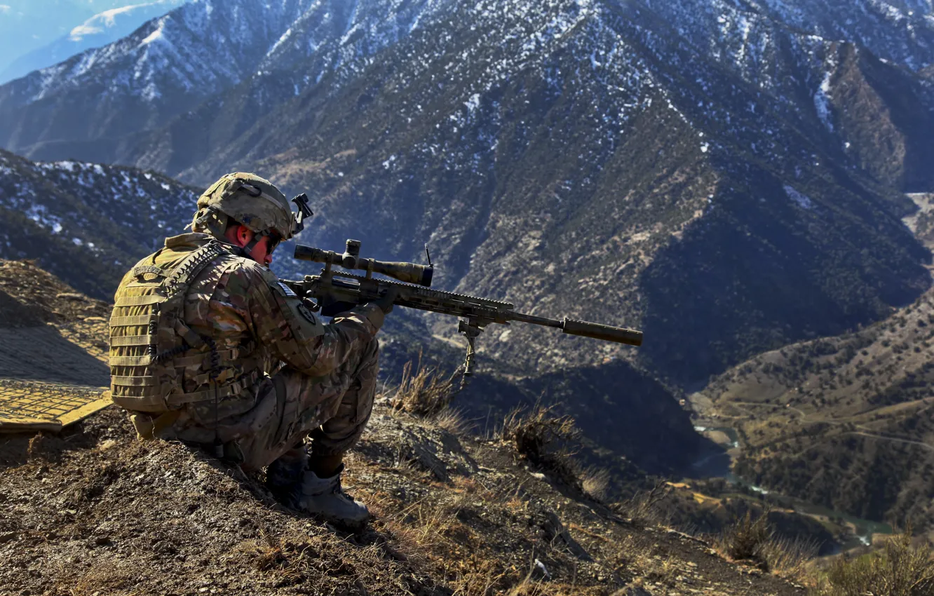 Photo wallpaper mountains, army, optics, sniper, camouflage, sight, aiming, military
