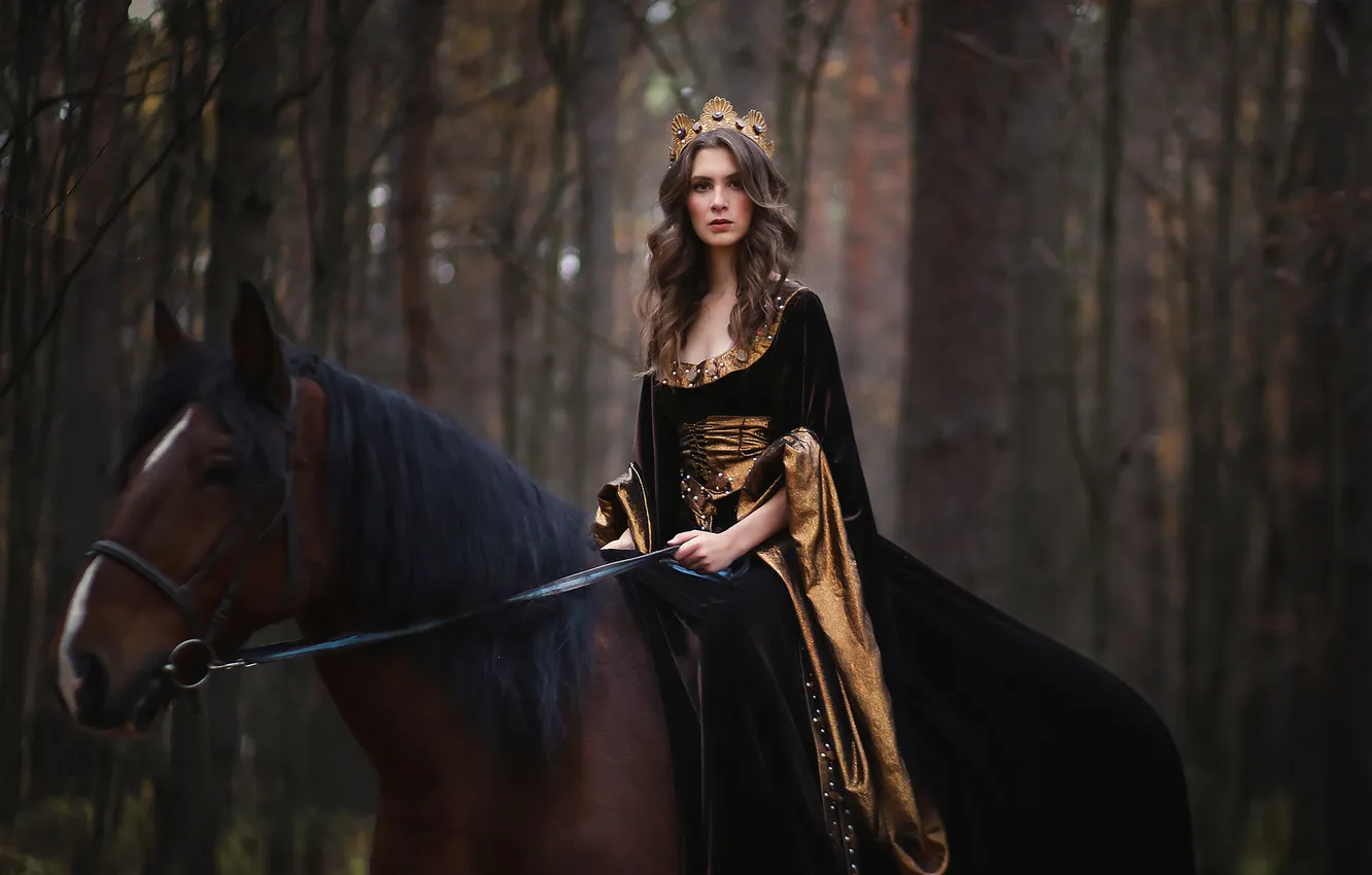 Photo wallpaper forest, look, girl, style, horse, horse, crown, gold plated