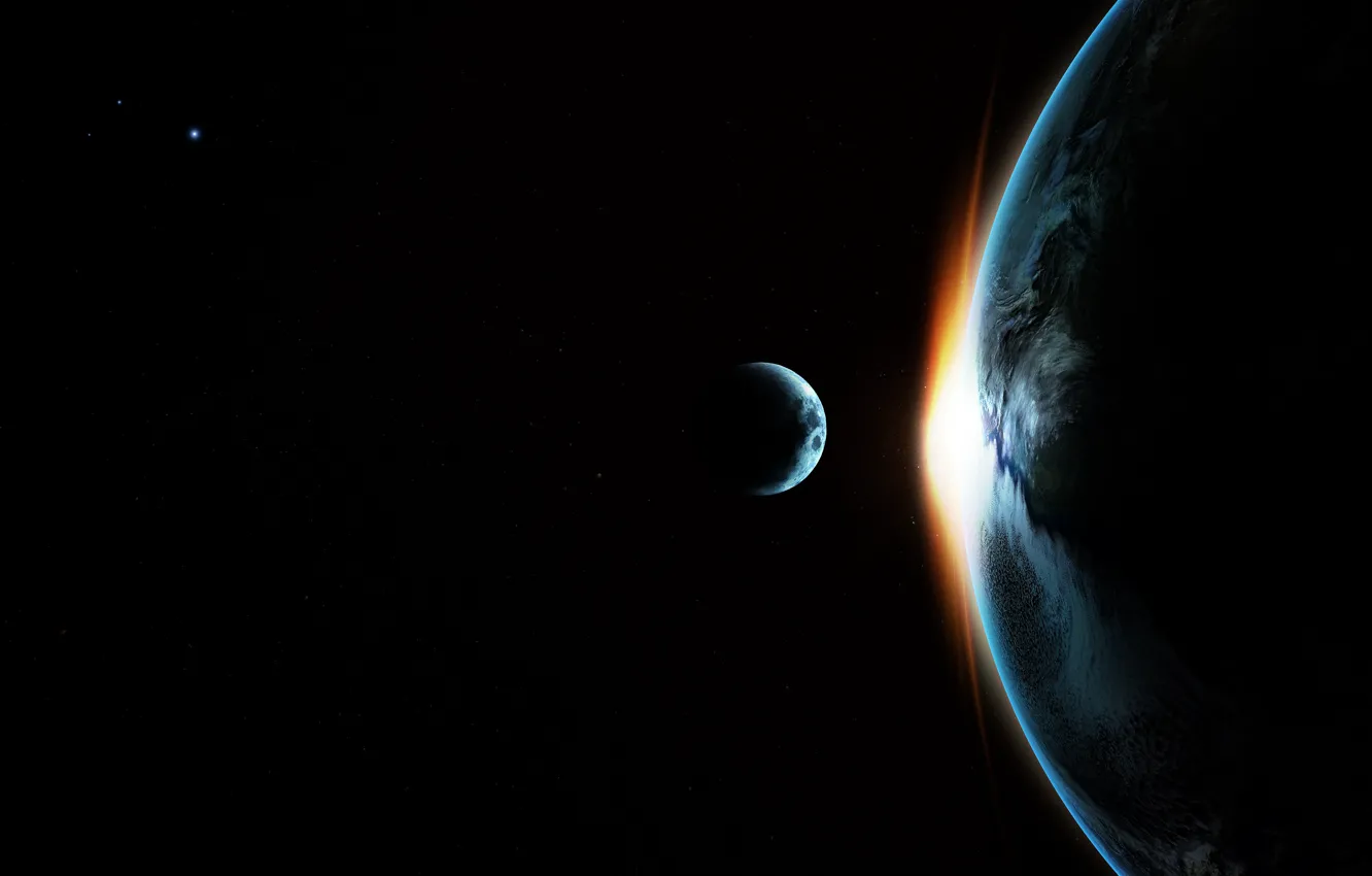 Photo wallpaper space, stars, light, earth, the moon, planet, satellite