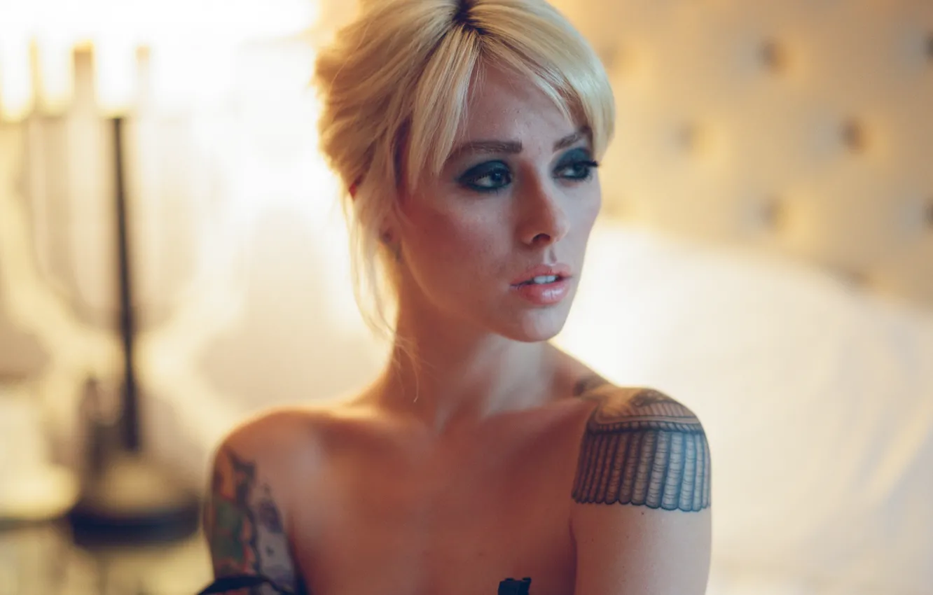 Photo wallpaper girl, bra, woman, model, tattoo, blonde, tattoos, female
