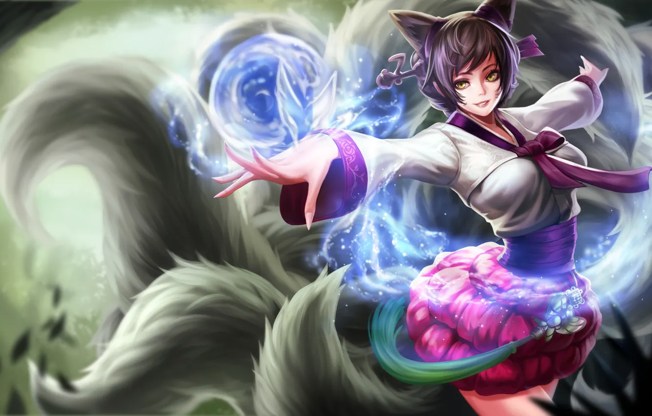 Photo wallpaper girl, magic, art, ears, league of legends, tails, ahri, goomrrat