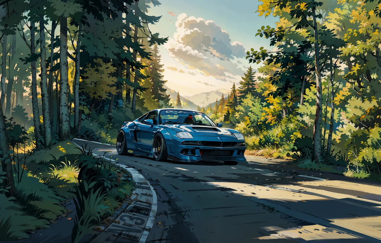 Photo wallpaper road, forest, the sky, clouds, trees, figure, car, depevo