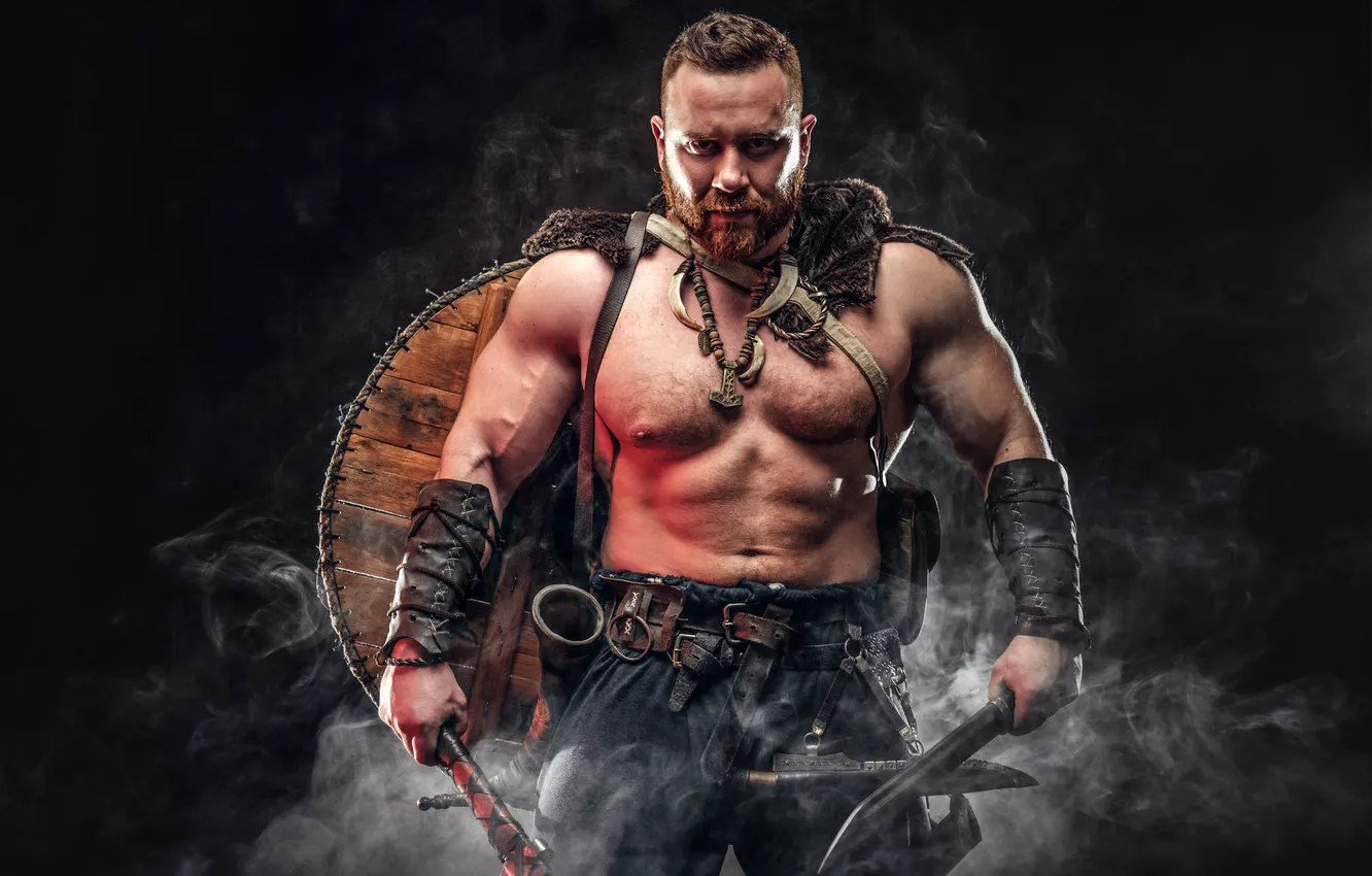 Photo wallpaper smoke, weapon, Berserk, back, shield, Surrounded