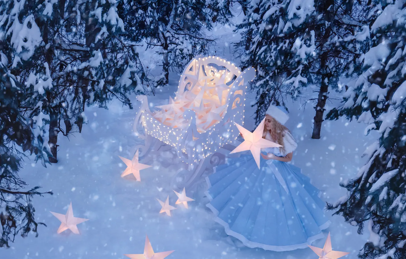 Photo wallpaper winter, look, girl, stars, light, snow, night, nature