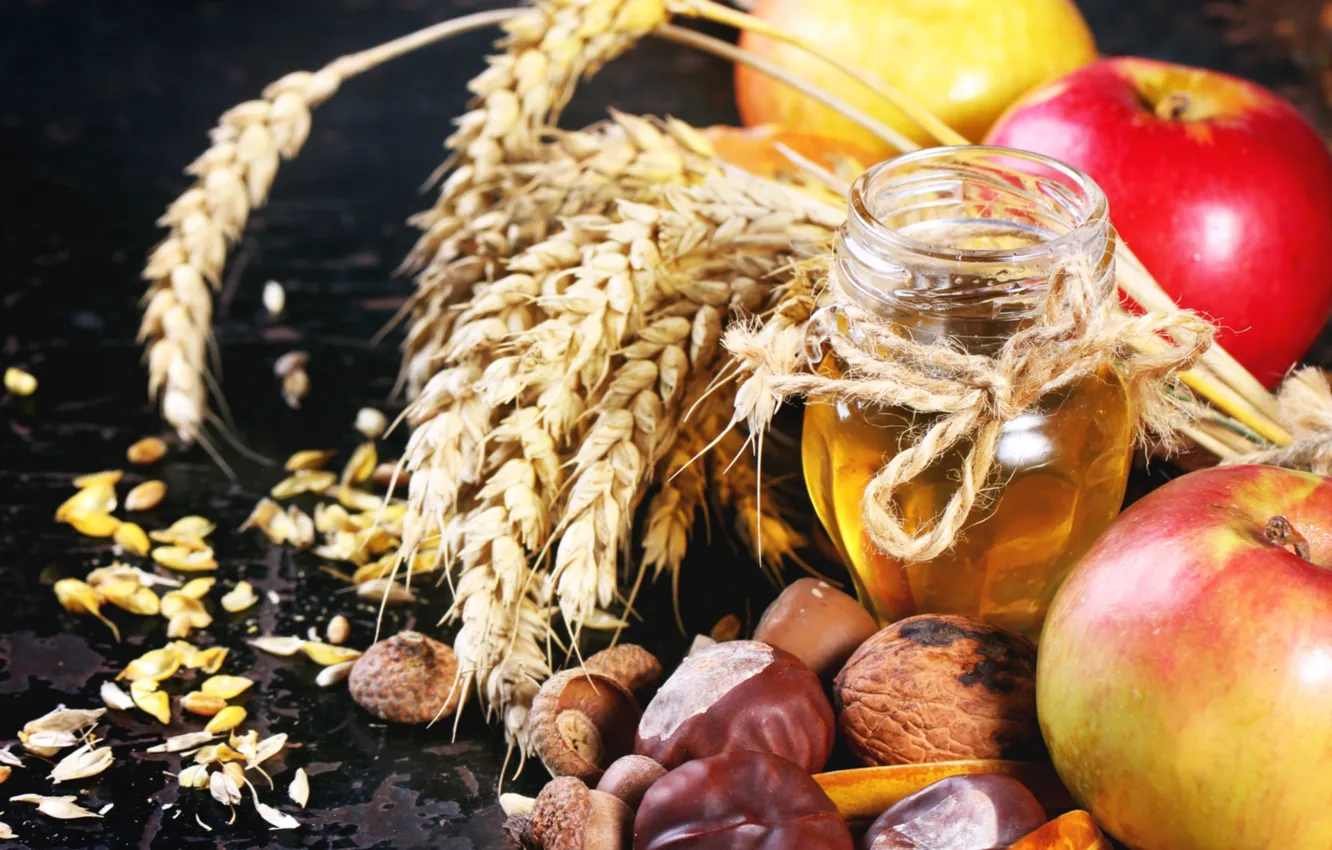 Photo wallpaper wheat, apples, honey, nuts