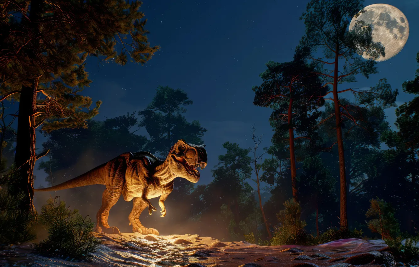 Photo wallpaper trees, night, animal, the moon, dinosaur, predator, Tyrannosaurus, digital art