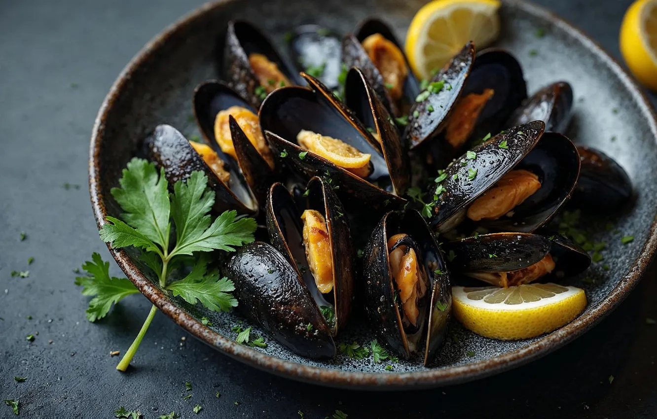 Photo wallpaper lemon, seafood, mussels, AI art