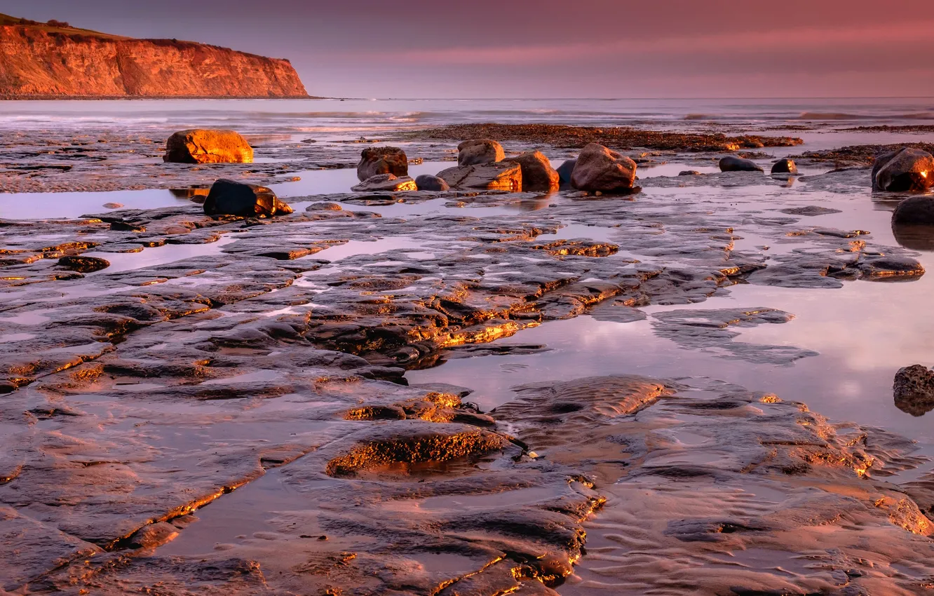 Photo wallpaper sea, stones, shore, the evening, surf, stones, pink tones
