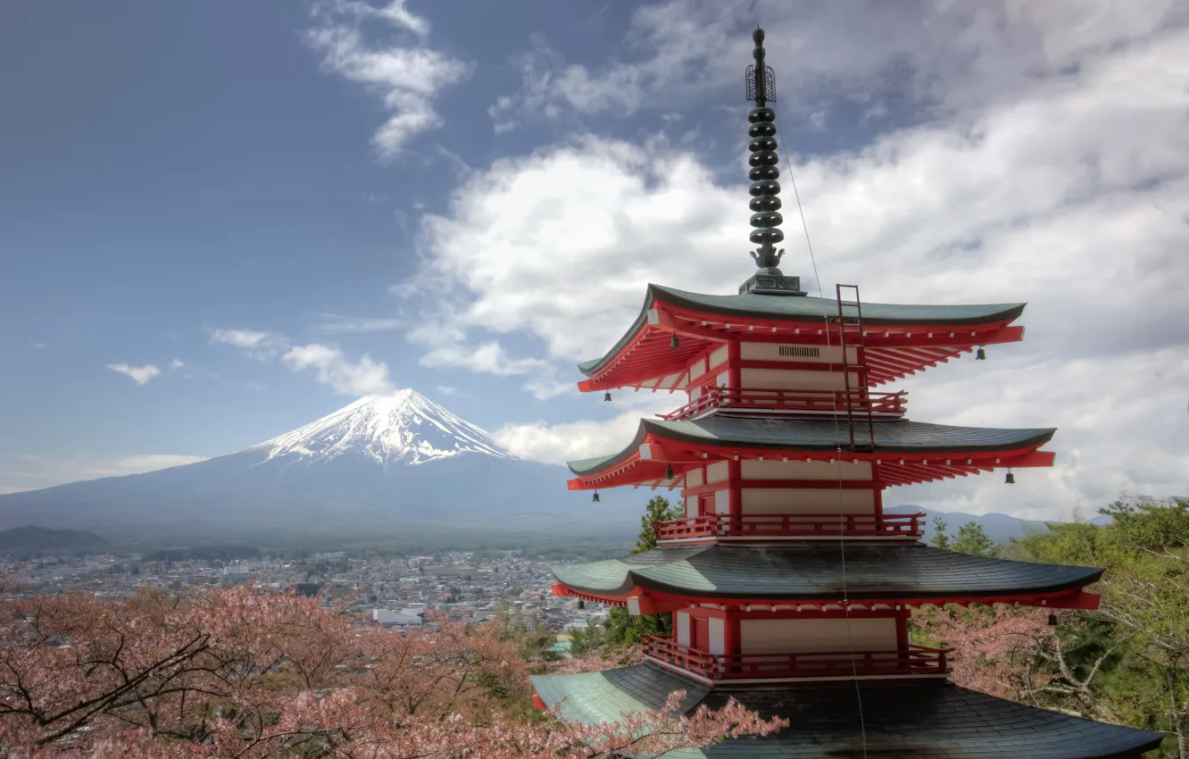 Photo wallpaper mountain, the volcano, Japan, Sakura, Fuji, panorama, pagoda, Japan
