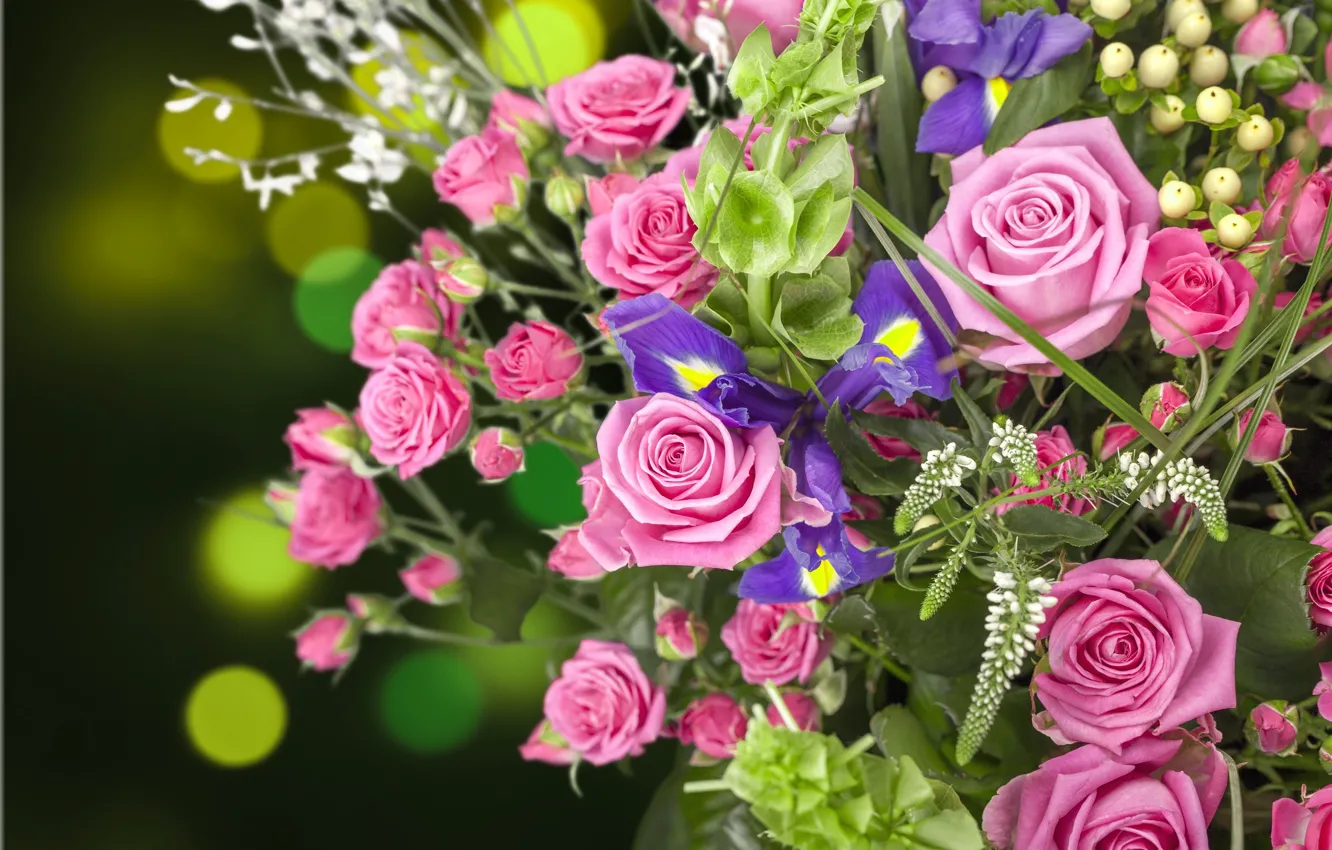 Photo wallpaper roses, bouquet, buds, irises