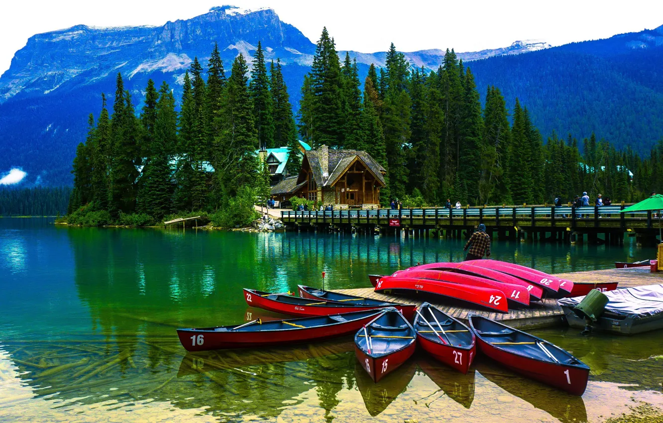 Photo wallpaper forest, trees, mountains, bridge, nature, lake, boat, people